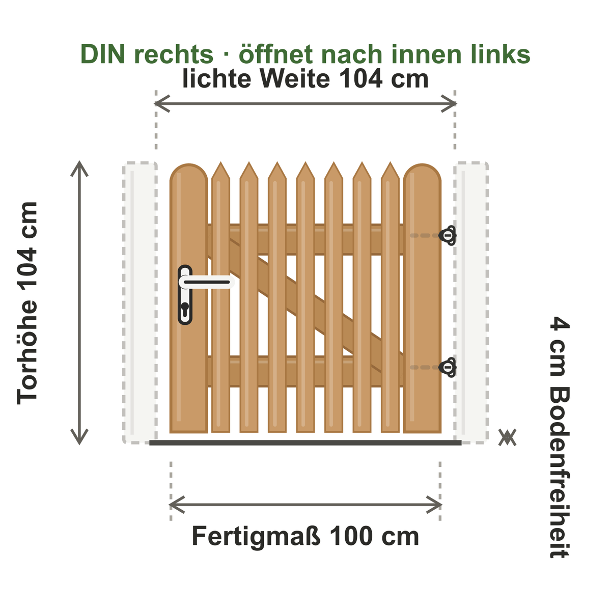 Zauntürchen Senkrechter Lattenzaun 2C, 100 × 100 cm, DIN rechts, Standardbeschlag + verstellbare Bänder, Pfosten nicht enthalten