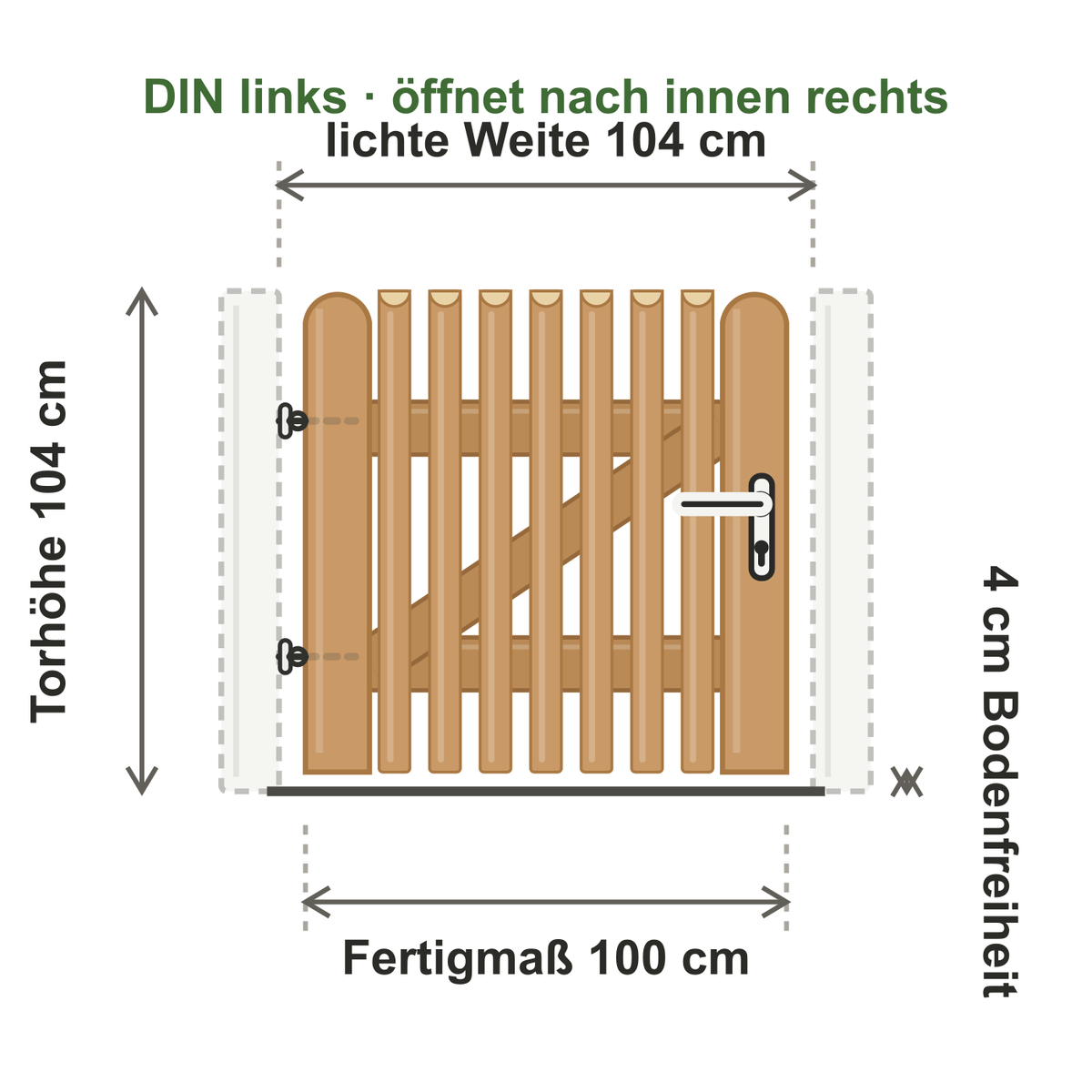 Zauntürchen Senkrechter Lattenzaun 3E, 100 × 100 cm, DIN links, Standardbeschlag, Pfosten nicht enthalten